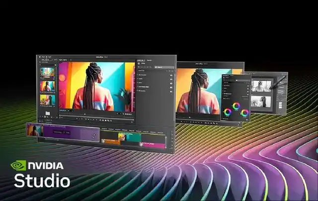 Creative editing interface with NVIDIA Studio tools for video and color grading on a vibrant digital background