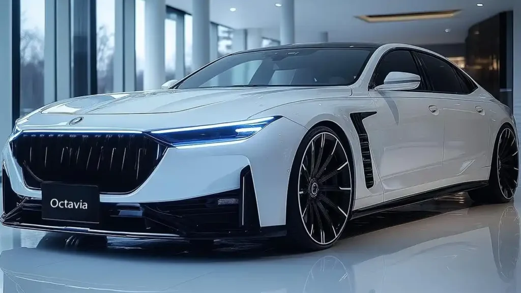 Front-side view of the 2026 Skoda Octavia in a sleek showroom. The car features a bold hexagonal grille, sharp LED matrix headlights with crystal detailing, large sporty alloy wheels, and aerodynamic body lines, reflecting its modern "crystal cutting" design language.