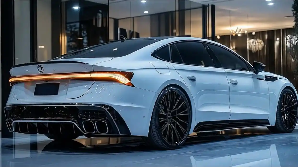 Rear-side view of the 2026 Skoda Octavia featuring a sleek fastback silhouette, full-width LED taillight bar with dynamic lighting effects, quad-exhaust style diffuser, subtle rear spoiler, and large black alloy wheels, highlighting its sporty and premium aesthetic.