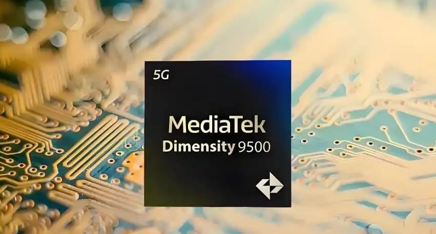 MediaTek Dimensity 9500 5G chipset placed on a circuit board background