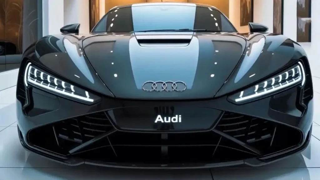 Front view of the 2026 Audi A4 showcasing its sleek LED headlights and bold hexagonal grille in a luxury showroom