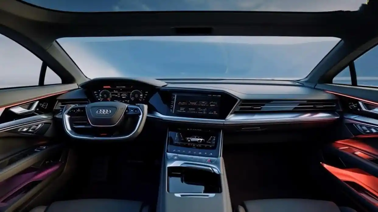 Interior dashboard of the 2026 Audi A4 featuring digital cockpit, touchscreen infotainment, ambient lighting, and premium design