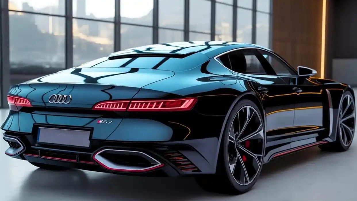 Rear view of the Audi RS7 showcasing sleek taillights,
aggressive rear diffuser, and sporty alloy wheels in a modern showroom