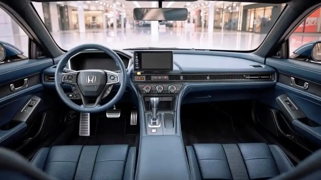 Honda Prelude interior featuring a driver-focused cockpit with digital instrument cluster, touchscreen infotainment, leather-wrapped steering wheel, and sporty blue upholstery