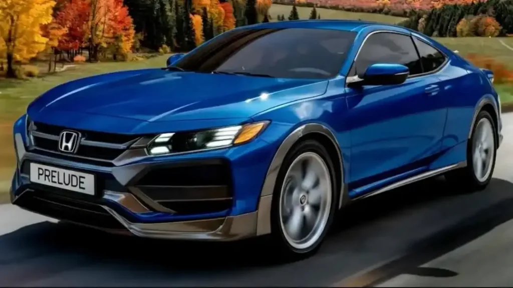 2026 Honda Prelude electric sports coupe in blue, showcasing sleek design with LED headlights and 19-inch alloy wheels on a scenic road