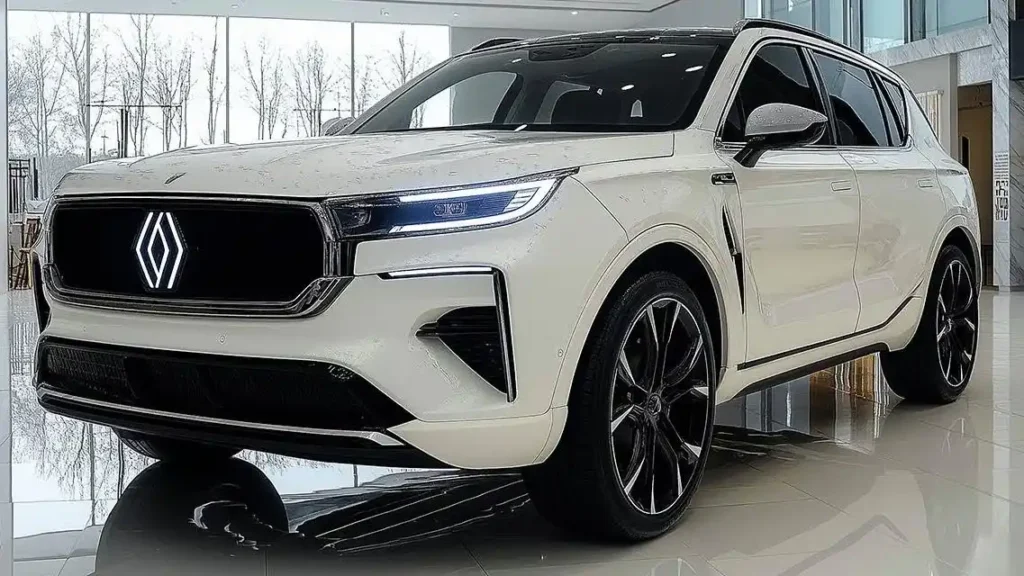 Front angle view of the 2026 Renault Duster SUV in pearl white, featuring bold LED headlamps, illuminated Renault logo, and sporty alloy wheels in a modern showroom setting