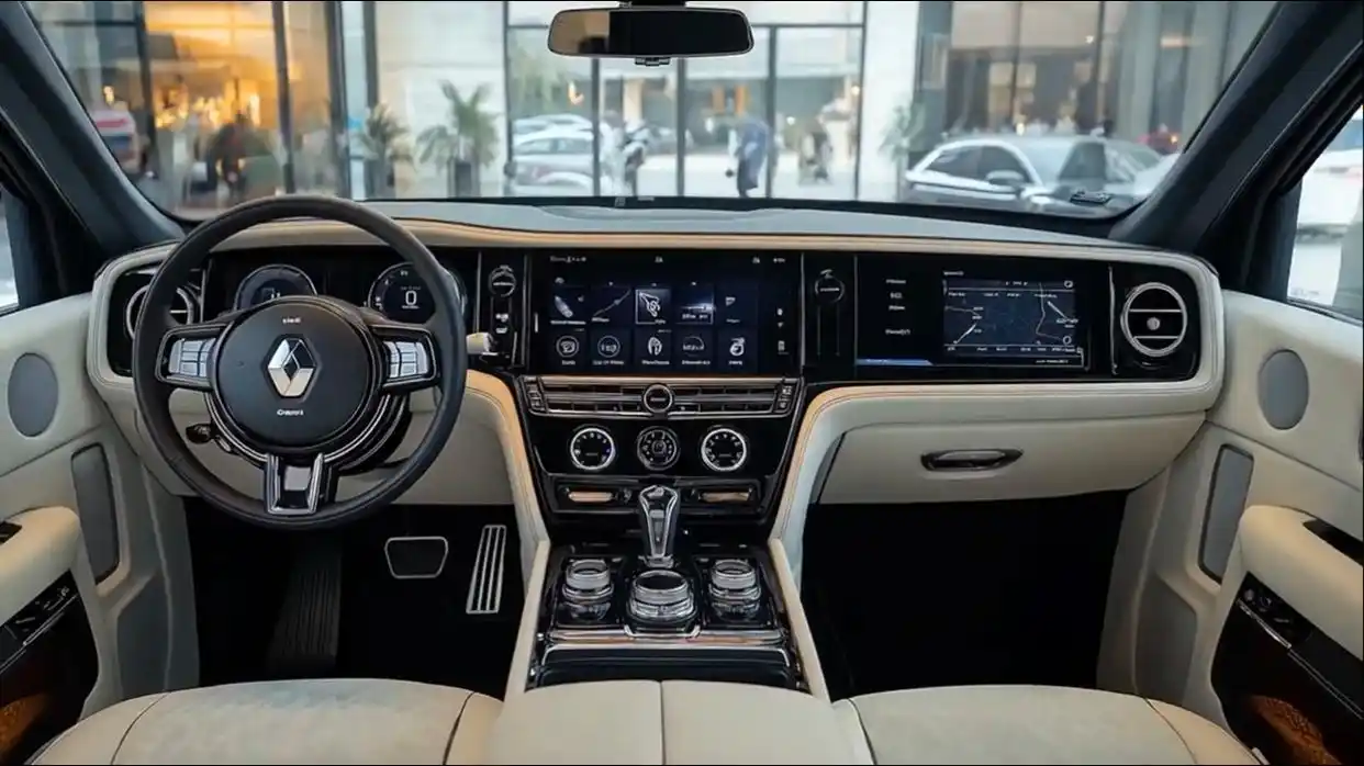 Interior dashboard view of the 2026 Renault Duster featuring a premium dual-screen setup, digital instrument cluster, multifunction steering wheel, and luxurious beige-black finish with chrome accents