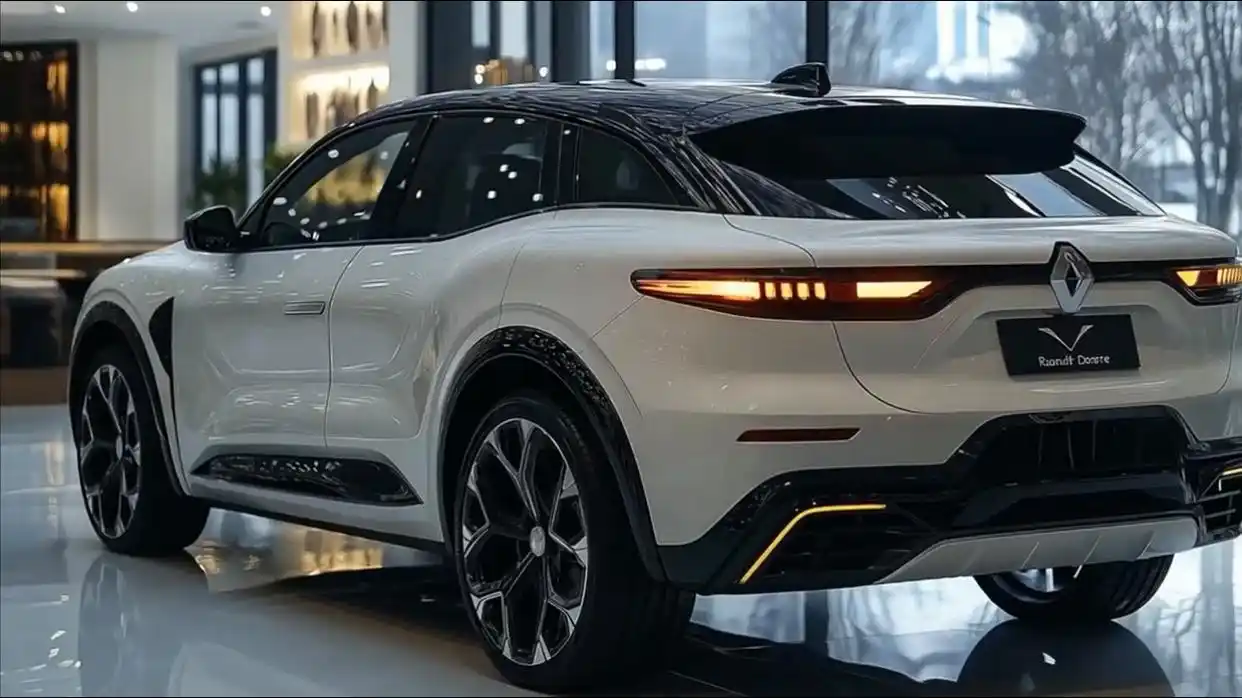 Rear view of the 2026 Renault Duster SUV in pearl white with sleek LED tail lights, coupe-style roofline, dual-tone finish, and sporty alloy wheels, displayed in a modern showroom