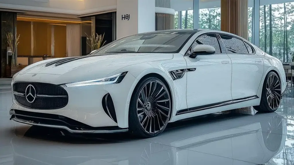 Front-side view of the 2026 Mercedes-Benz C-Class showcasing its futuristic design, sleek LED headlights, large alloy wheels, and aerodynamic body in a luxury showroom setting