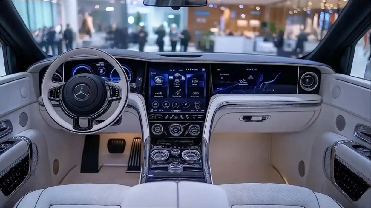 Luxurious interior of the 2026 Mercedes-Benz C-Class featuring a digital instrument cluster, touchscreen infotainment system, ambient lighting, and a leather-wrapped steering wheel