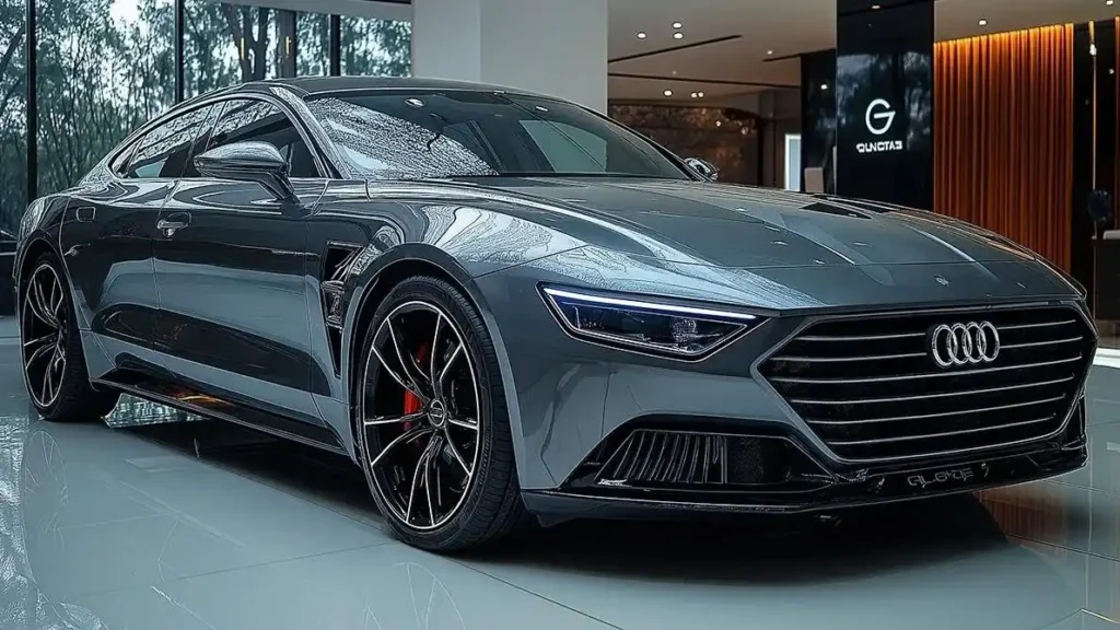 Front view of the 2026 Audi A8 in a showroom, showcasing its sleek design, bold grille, HD matrix headlights, and sporty alloy wheels