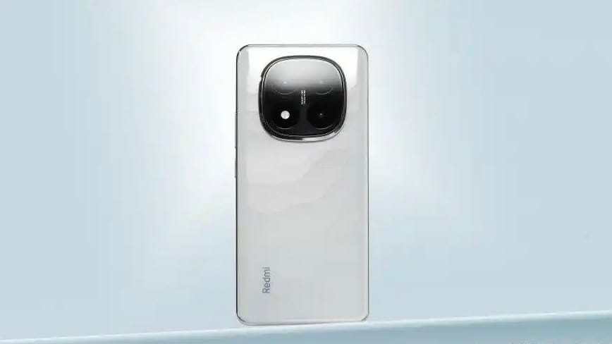 Back view of the Redmi Note 15 Pro in a glossy white finish, showcasing its large, rounded-square triple camera module with "50MP OIS" branding
