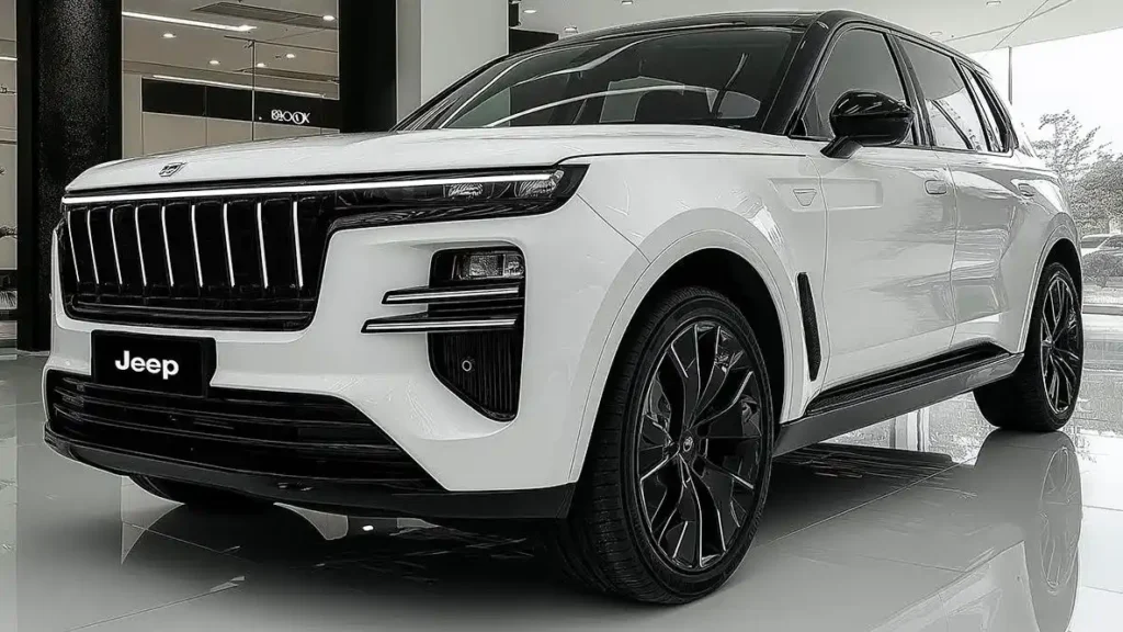 Front-side view of a white Jeep Cherokee SUV parked in a showroom