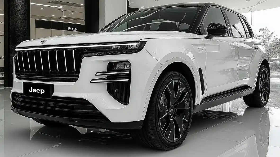 Front-side view of a white Jeep Cherokee SUV parked in a showroom