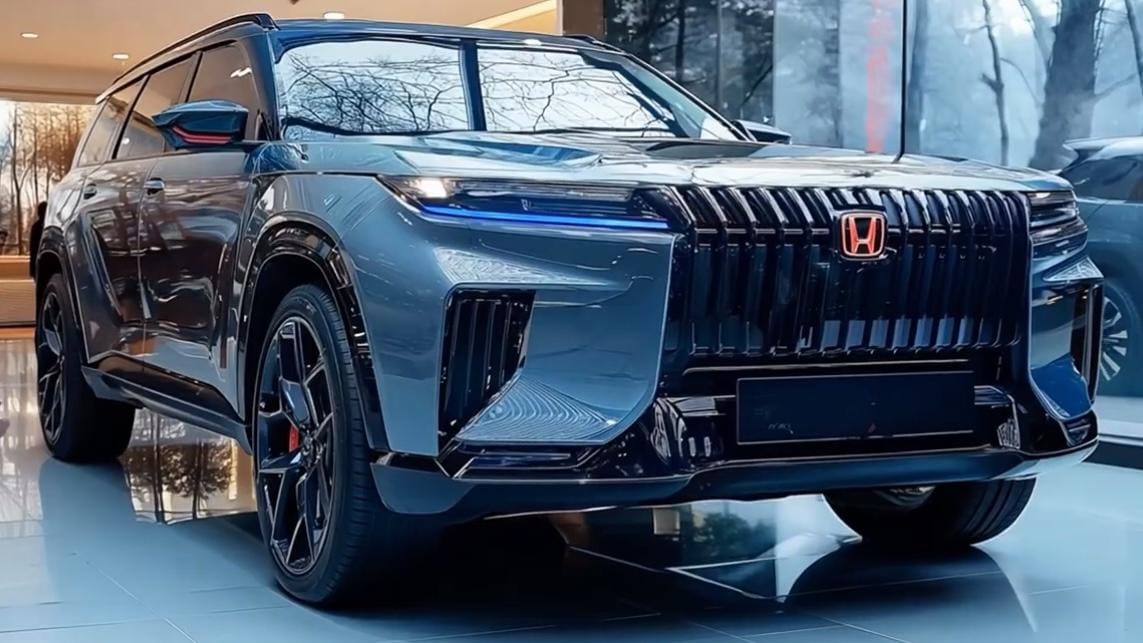 The Honda Passport stands bold with its aggressive grille, sleek LED lights, and sporty stance, displayed in a stylish and modern showroom