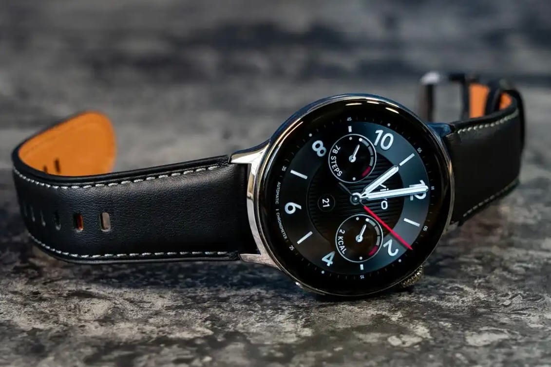 Sleek Vivo Watch 5 with black leather strap on table