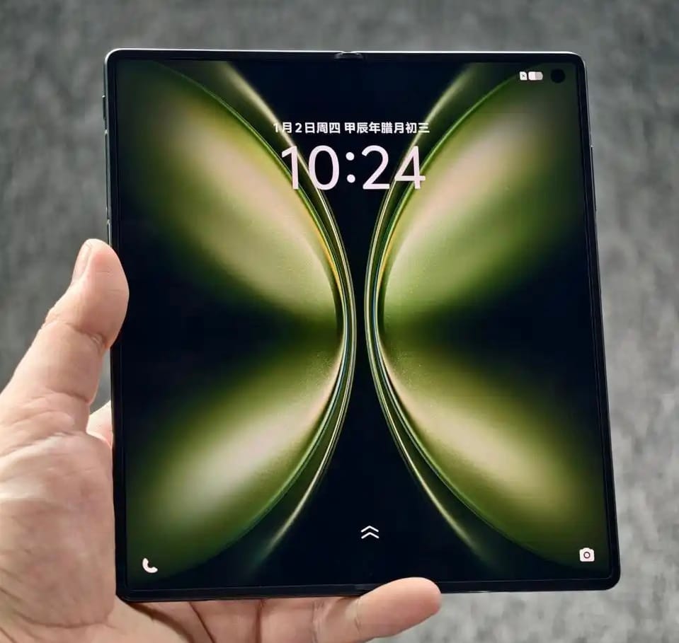 Vivo X Fold 5 opened fully, displaying a green abstract wallpaper