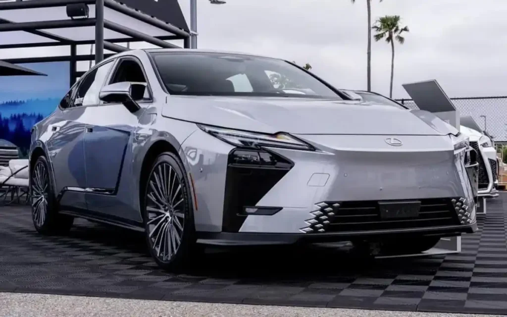 Lexus electric sedan front angle shot outdoor