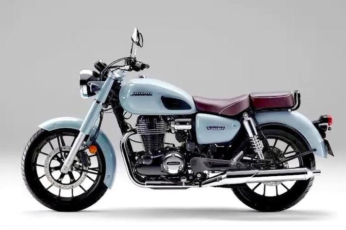 Honda CB350 retro cruiser motorcycle with matte green finish and leather seat