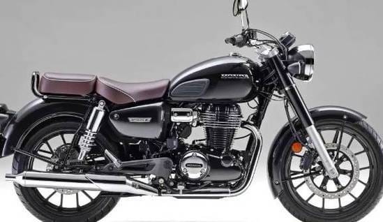 Black Honda CB350 retro cruiser motorcycle with brown leather seat