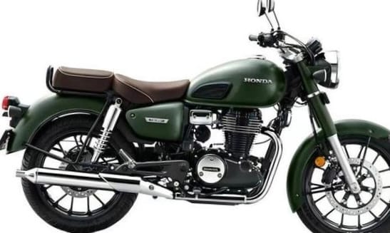 Matte green Honda CB350 cruiser motorcycle with brown leather seat