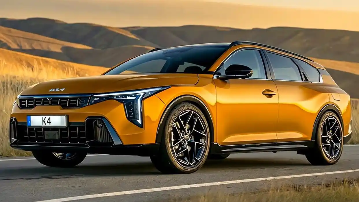 Dynamic yellow Kia K4 hatchback side profile