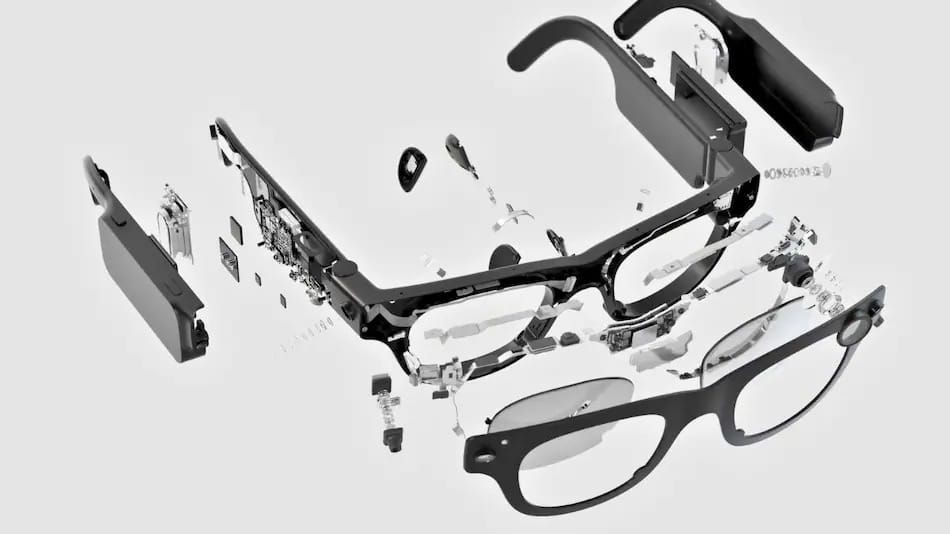Exploded diagram showing every component inside AI glasses frame