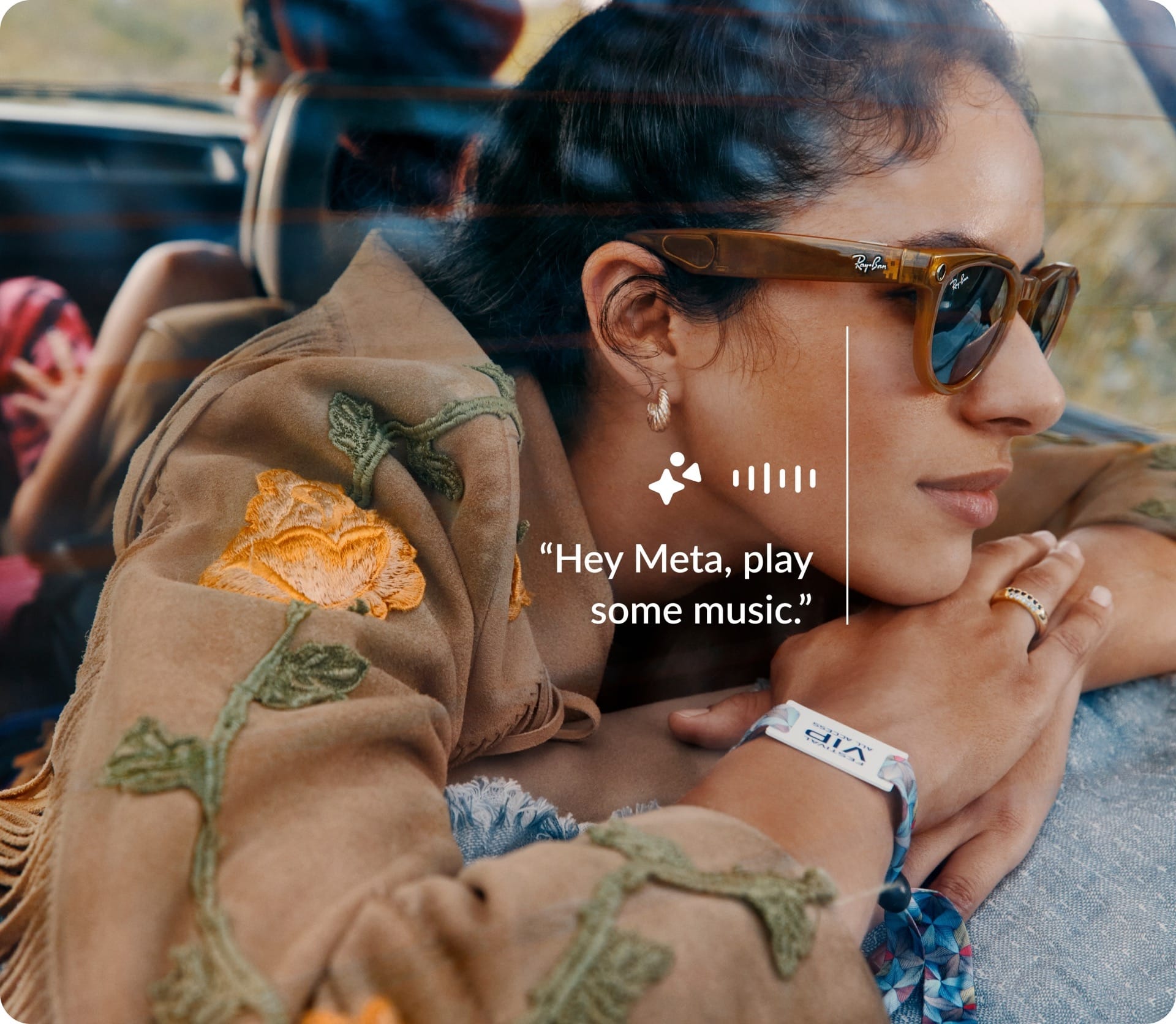 Woman wearing Ray-Ban Meta glasses using voice assistant outdoors