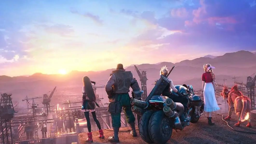 Characters from Final Fantasy VII Remake overlooking a city at sunset