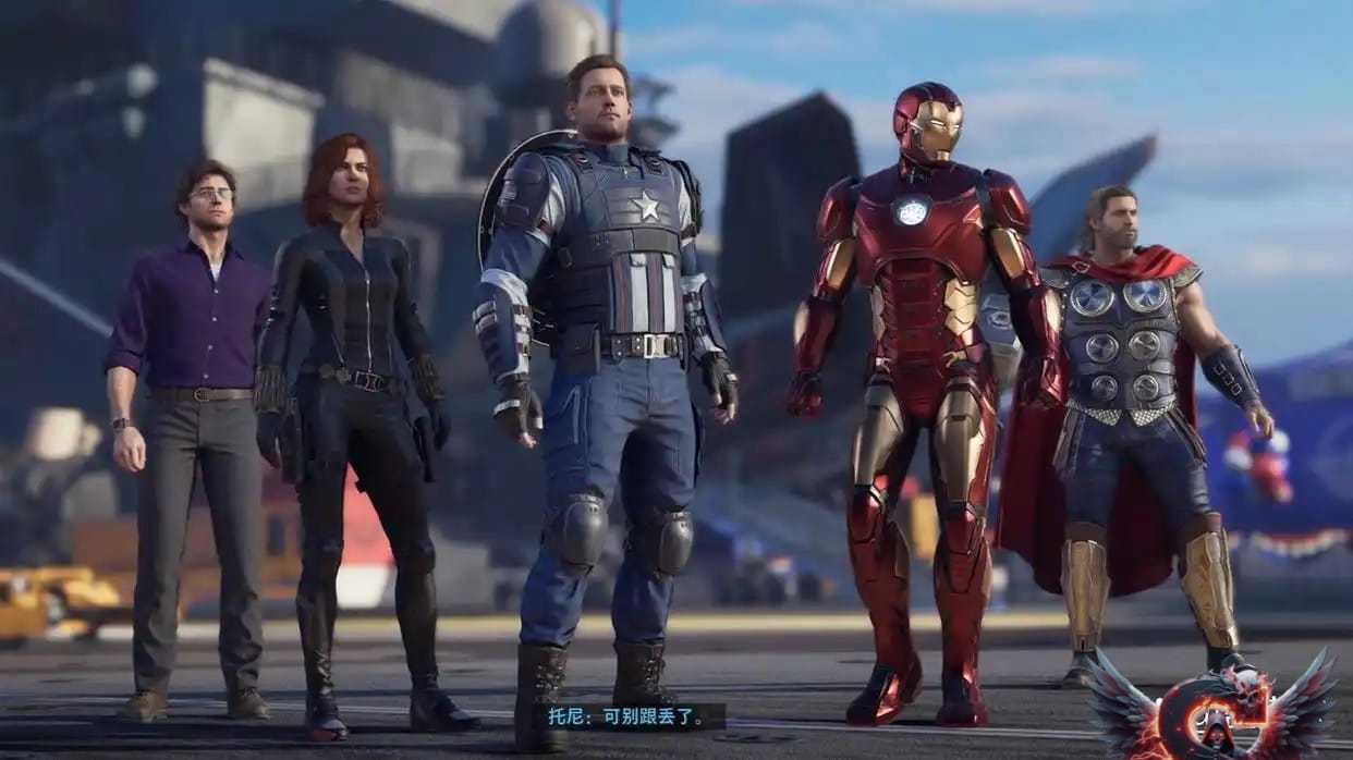 The Marvel's Avengers game characters including Hulk, Black Widow, Captain America, Iron Man, and Thor