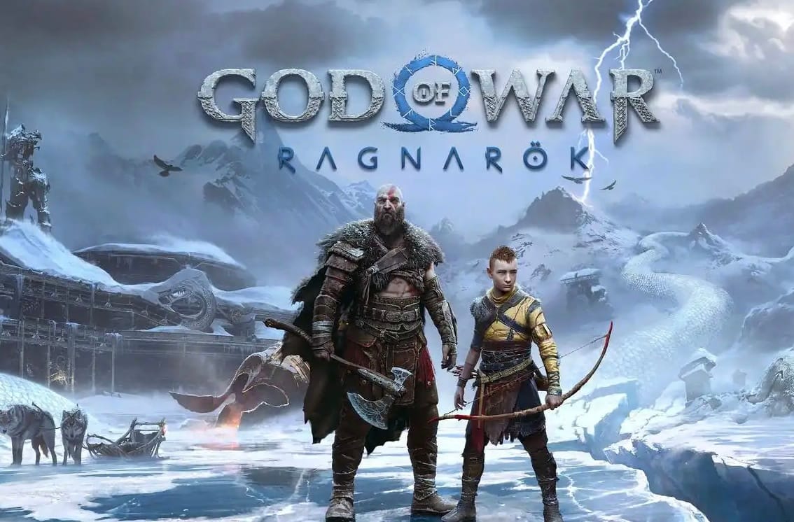 Kratos and Atreus from God of War Ragnarok standing in a snowy landscape