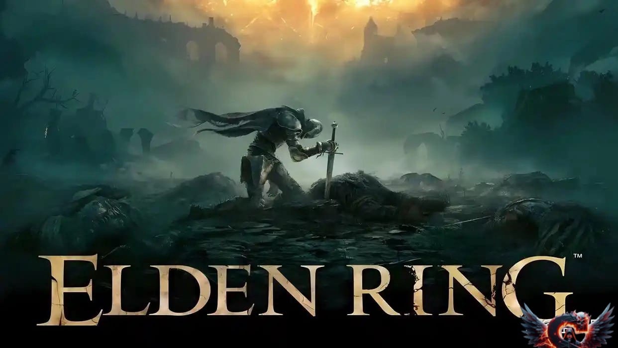 The Elden Ring game logo with a knight kneeling in a dark, misty landscape