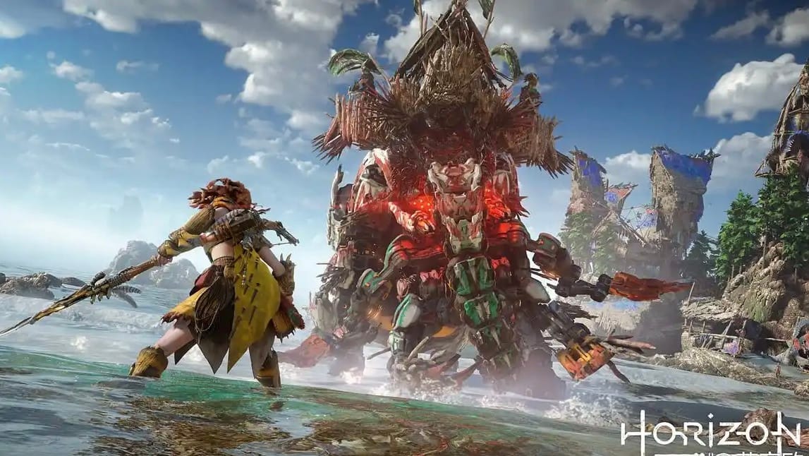 Aloy battling a large machine in the game Horizon Forbidden West