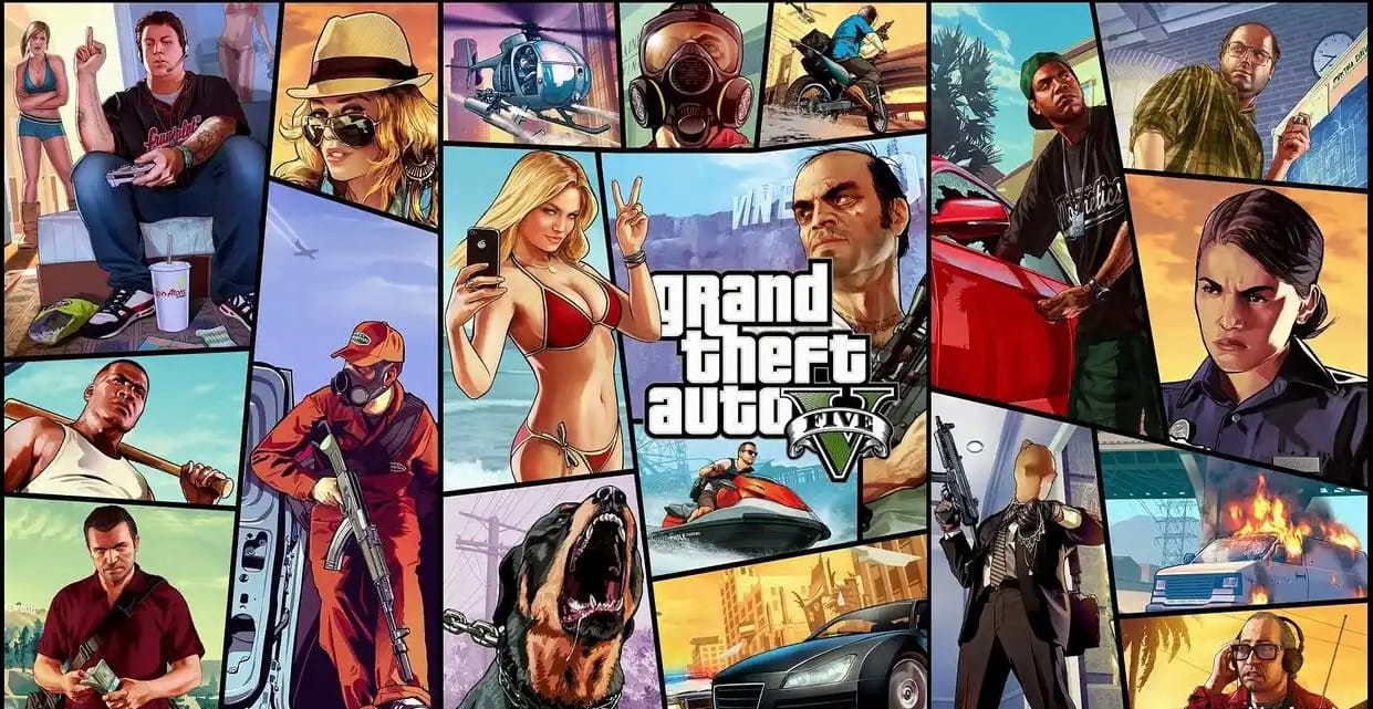A collage of characters and scenes from the video game Grand Theft Auto V