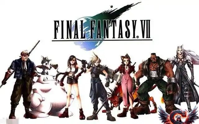 The main characters of Final Fantasy VII standing in a line, with the game's logo above them