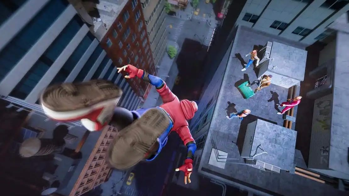 Spider-Man swinging past buildings and people on a rooftop