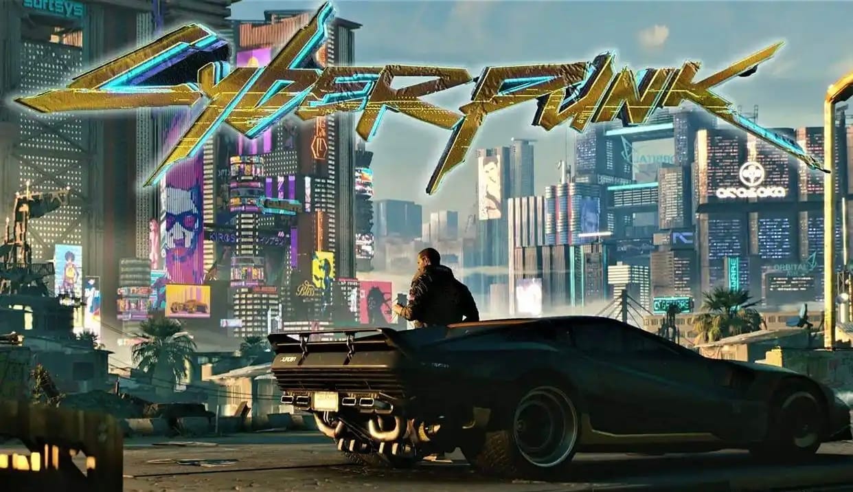 The Cyberpunk 2077 logo above a character and futuristic car in Night City