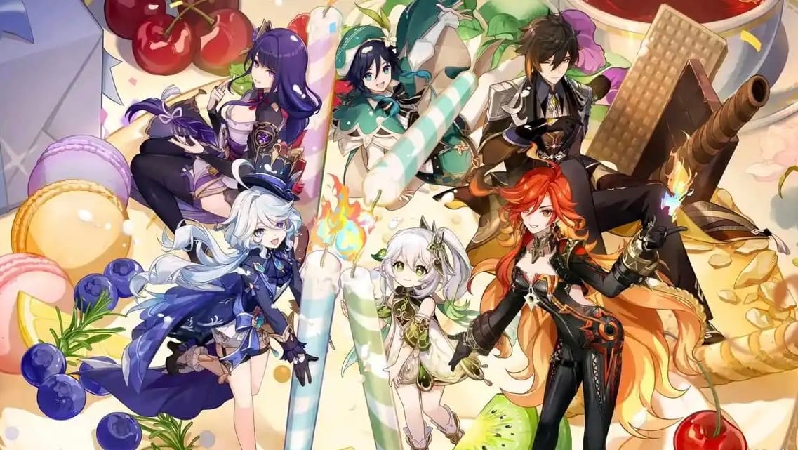 A vibrant illustration featuring multiple Genshin Impact characters surrounded by desserts and fruits