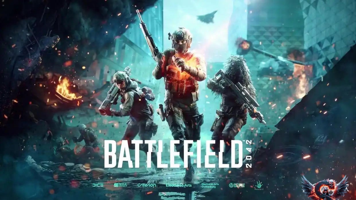 The Battlefield 2042 game cover with three armed soldiers amidst explosions and debris