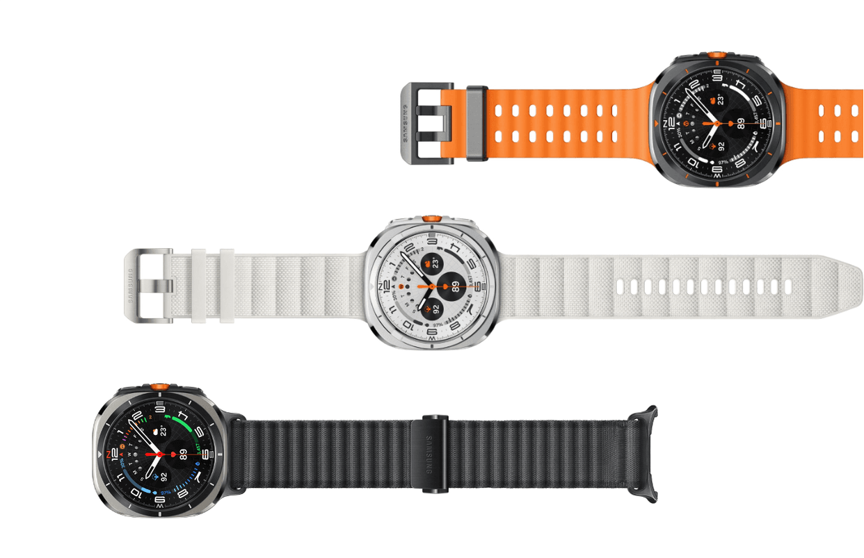 Three Galaxy Watch Ultra watches with various straps