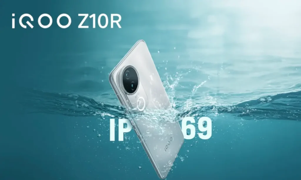 iQOO Z10R shown with IP69 waterproof rating