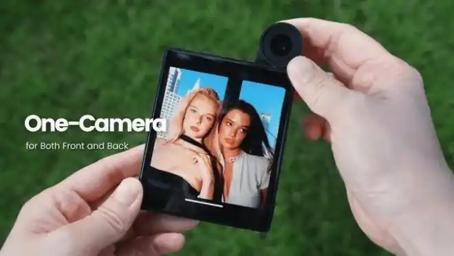 Card-sized phone showing image on screen