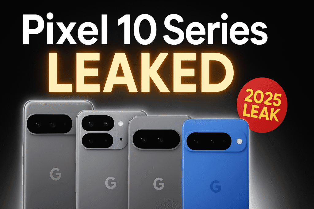 Four Google Pixel phones, gray and blue, with a "Pixel 10 Series Leaked" title