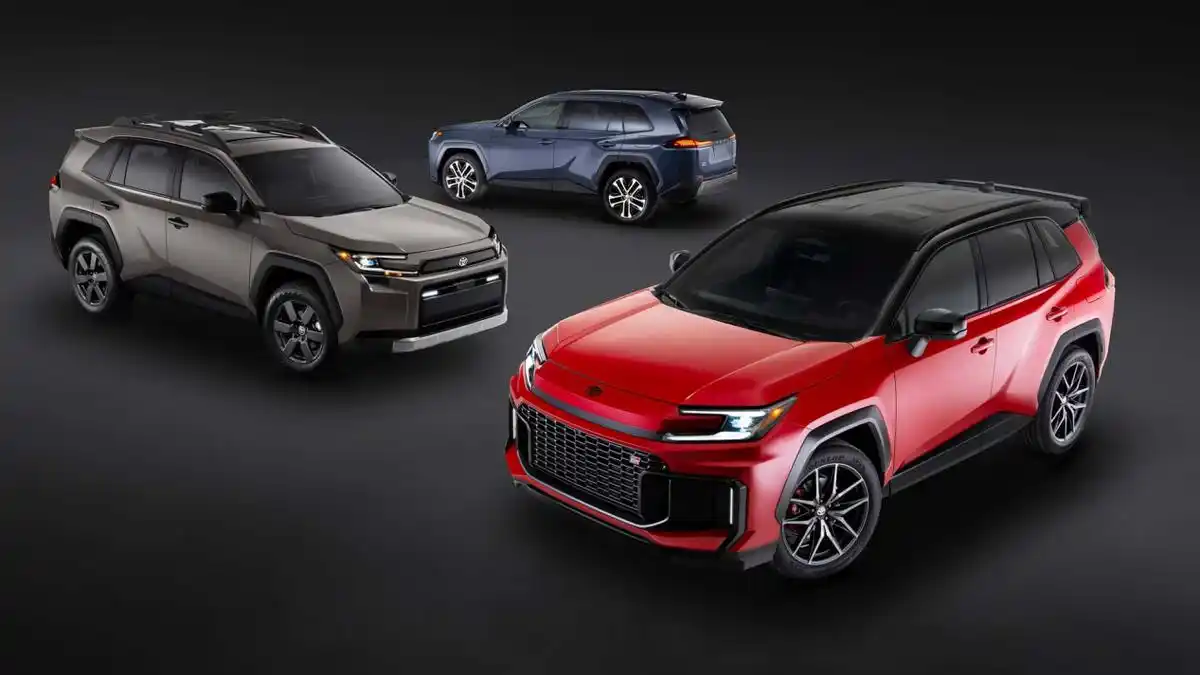 2026 Toyota RAV4 models in different colors showcasing modern design and sporty styling