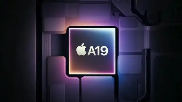 Apple A19 chip glowing on circuit board