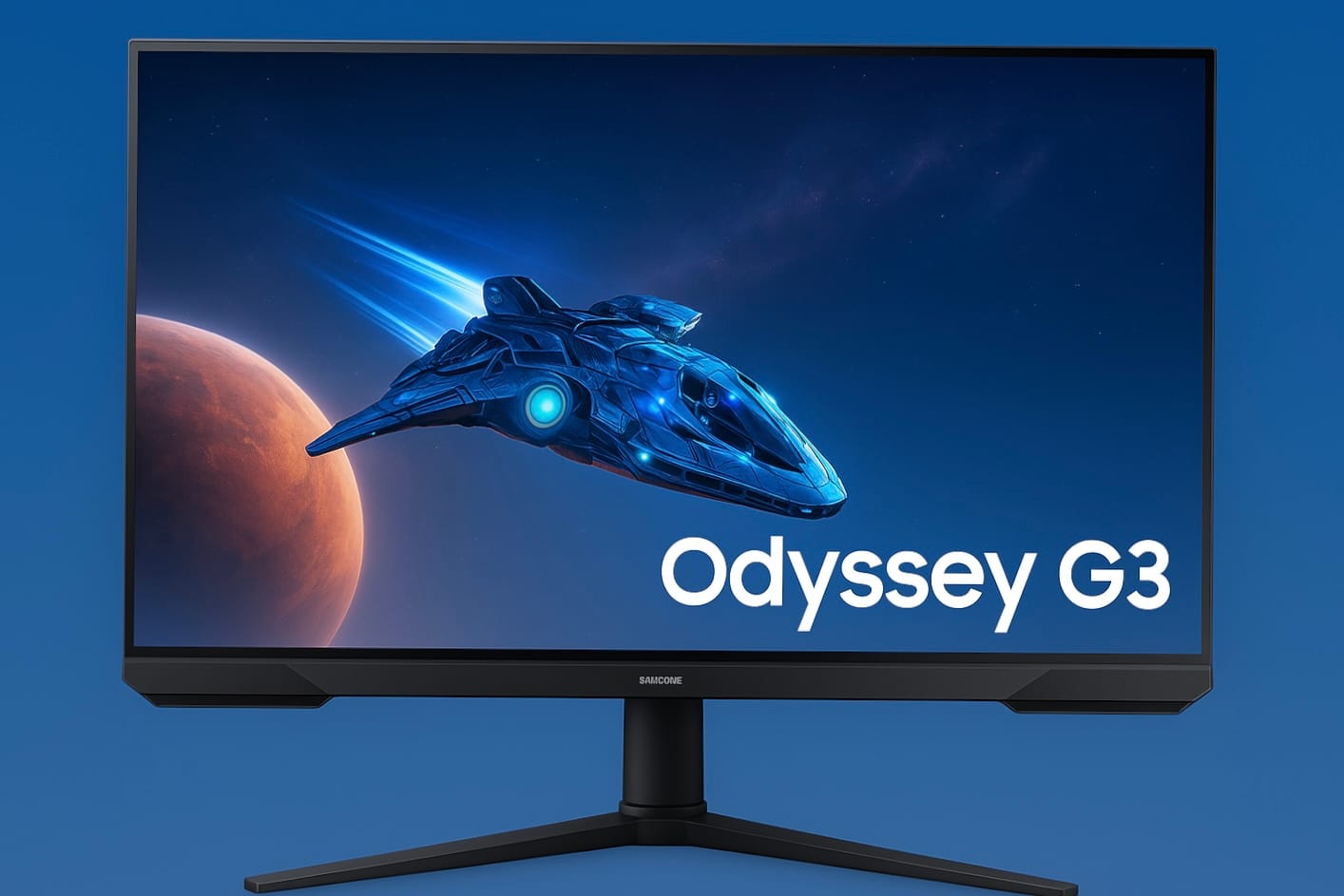 Samsung Odyssey G3 monitor displaying spaceship graphic