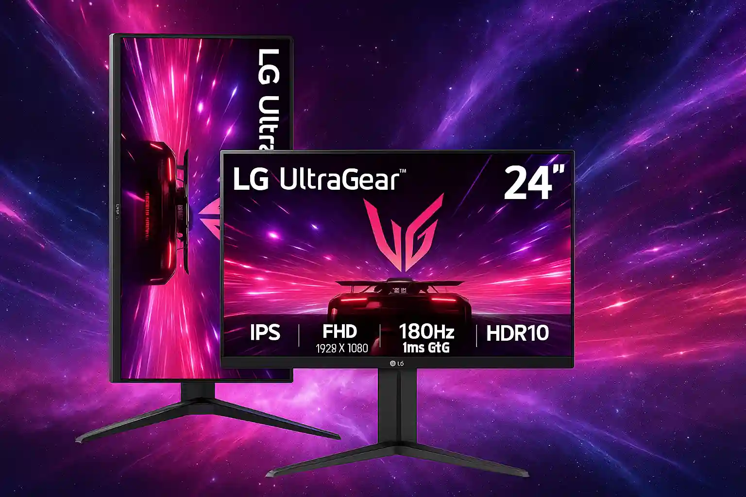 A 24-inch LG UltraGear gaming monitor with a second vertical monitor