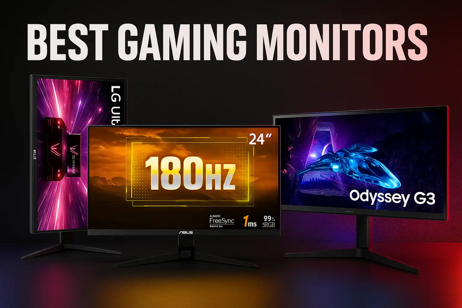 A side-by-side comparison of three different gaming monitors