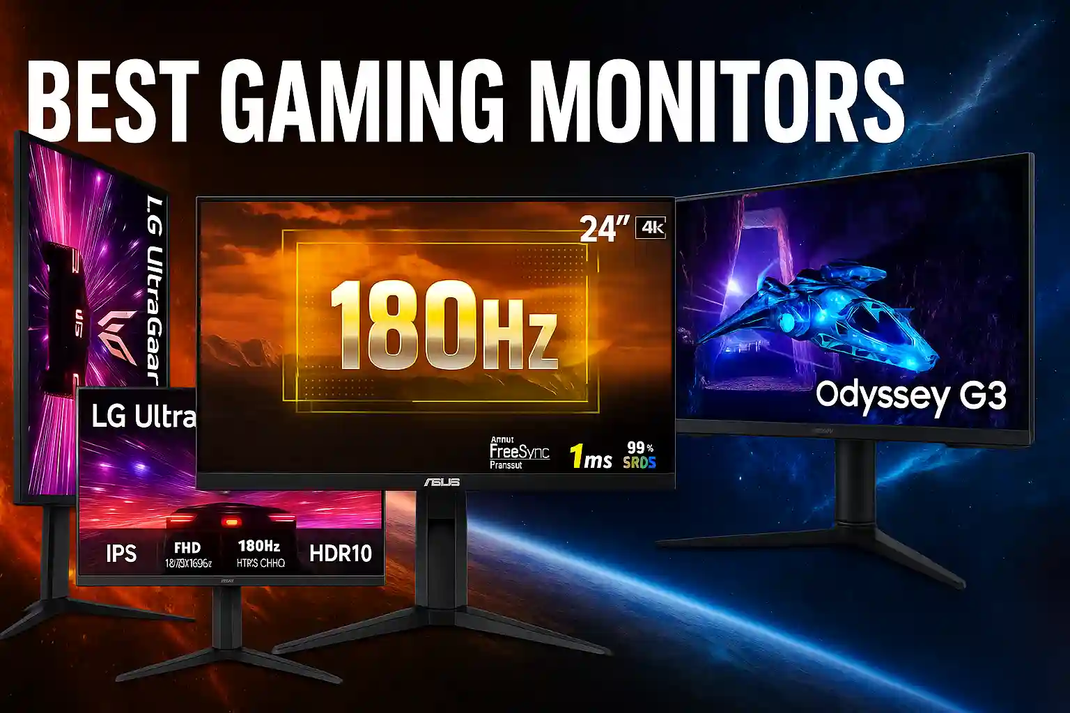 Several gaming monitors are displayed with text overlay: BEST GAMING MONITORS UNDER 20000 IN INDIA