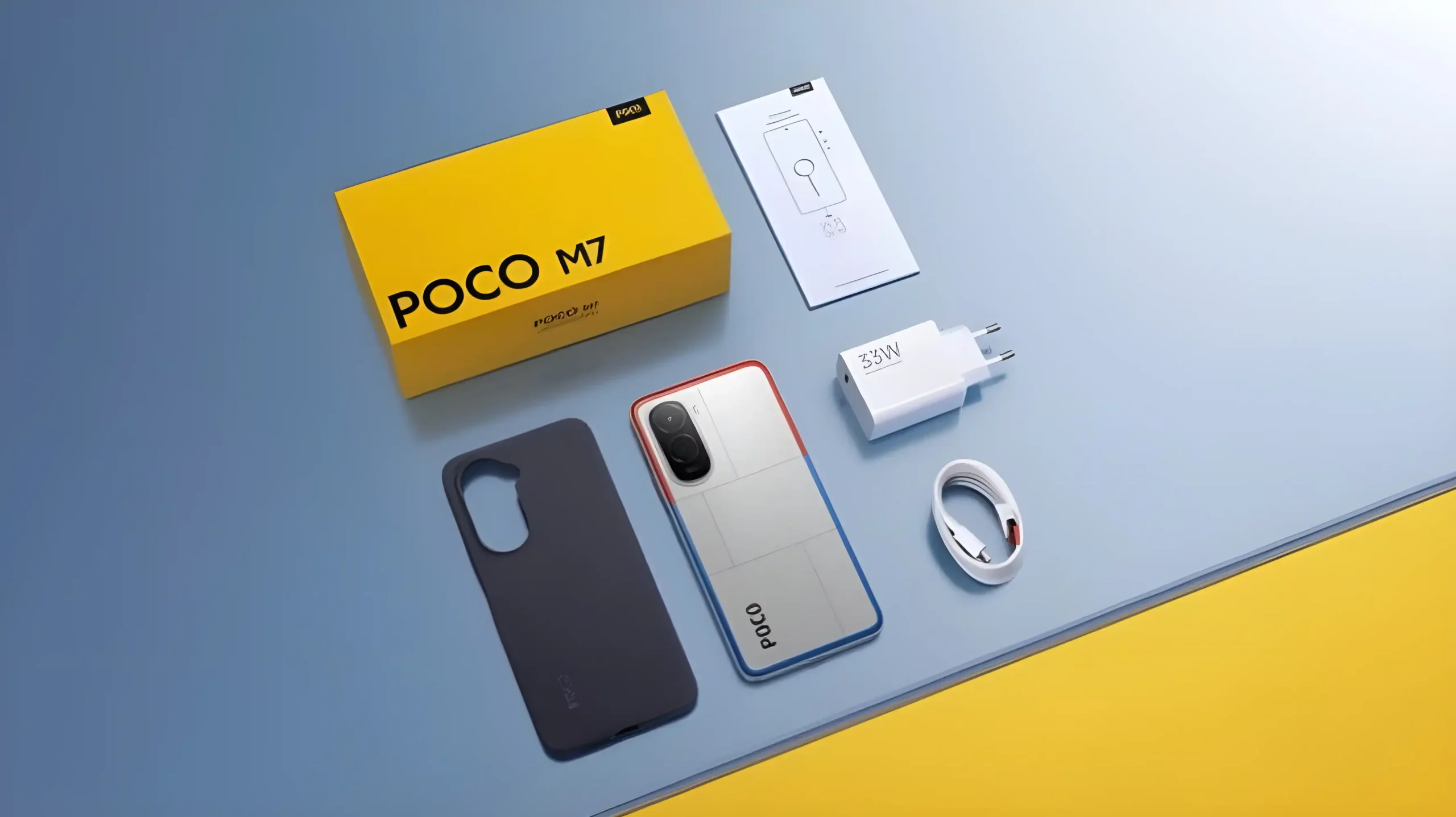 Poco M7 Plus 5G smartphone with its box and accessories